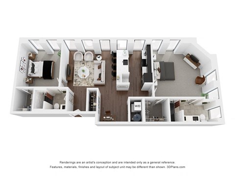 Floor plan for 2 beds, 2 baths, 1232 sqft